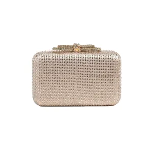 Sparkly crystal evening clutch bag for women, elegant rhinestone bow design for party.
