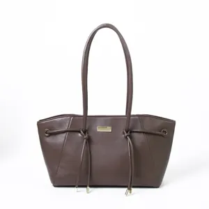 Retro brown trapezoid tote bag for women, large capacity minimalist PU leather shoulder bag.