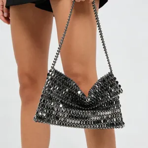 Sac de Soirée Ajouré en Perles Fait Main en Acrylique Texture Métallique Petit Sac Carré Femme Banquet Fête Mariage Sac à Main