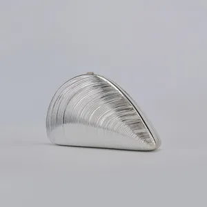 Silver shell acrylic evening clutch bag, elegant metallic minaudière for party wedding.