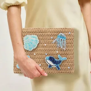 Women Fashion Casual Straw Woven Shoulder Bag Handmade Beaded Marine Life Underarm Bag Summer Beach Travel Handbag