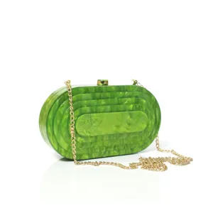 Green marble acrylic oval evening clutch bag with gold chain strap for party and banquet events
