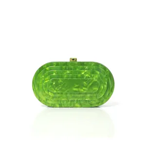 Green marble acrylic oval evening clutch bag with metallic clasp detail for party events.