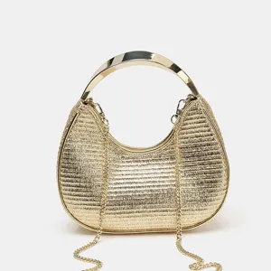 Gold metallic hobo shoulder bag with metal top handle and chain strap for women fashion.
