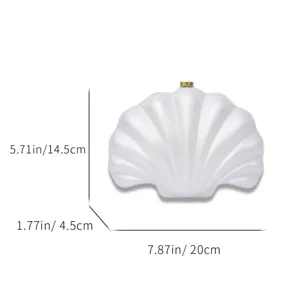 Acrylic shell clutch bag detail showing precise dimensions and glossy white finish now.
