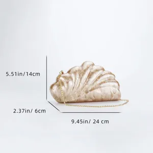 Acrylic shell clutch bag detail showing dimensions, premium hardcase design with gold chain strap.