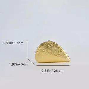 Gold shell acrylic evening clutch bag detail view, unique shell shape design with size.