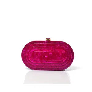 Pink acrylic oval clutch bag, marble texture evening purse with gold clasp detail for parties.