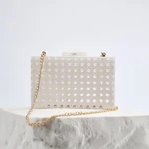 Women Acrylic Rattan Evening Bag Woven Hard Shell Clutch Purse Elegant Wedding Party Handbag Crossbody Bag