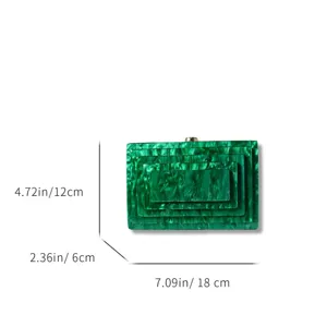Green marbled acrylic box clutch detail view showing precise dimensions, texture and clasp.