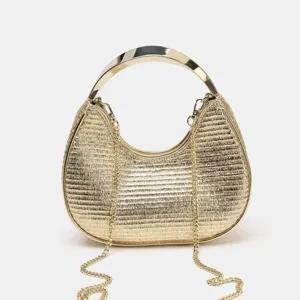 Gold metallic hobo handbag with rigid metal handle and chic chain strap for women.