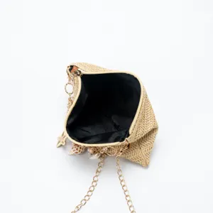 Stylish straw underarm shoulder bag decorated with beautiful shells and pearls for women