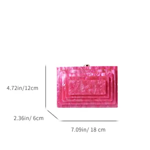 Pink acrylic layered clutch bag detail showing precise dimensions and elegant design.