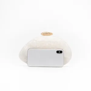 Elegant white marble acrylic shell clutch bag with gold clasp for evening party events.