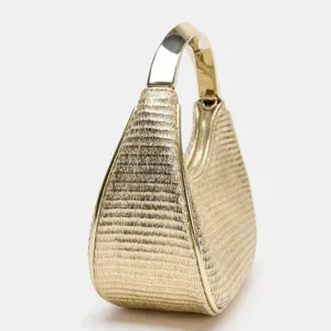 Gold metallic textured hobo handbag featuring a sleek rigid top handle and secure zipper closure.