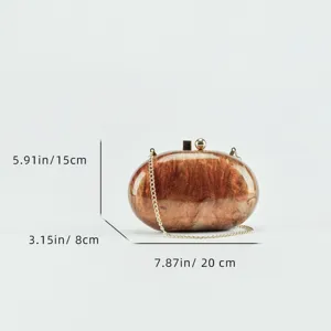 Oval acrylic evening clutch bag with chain strap, stylish gold hardware, compact bag.