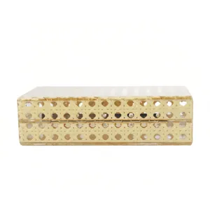 Acrylic rattan clutch bag detail, transparent box design with golden metal hinge close.