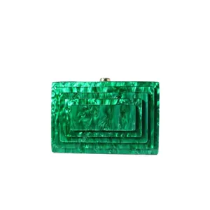 Green acrylic box clutch bag, stylish rectangular structured evening purse with metal clasp.
