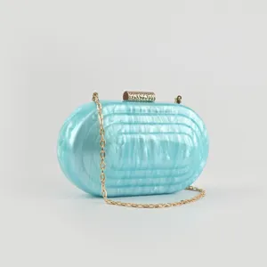 Pochette da Sera in Acrilico Dettaglio Borsa Rigida Blu Catena Dorata Borsa da Festa