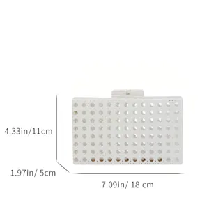 White acrylic woven clutch bag, elegant evening handbag with precise dimensions shown.