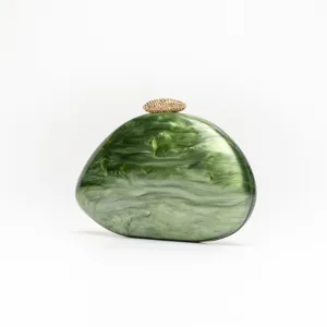 Green marble acrylic clutch detail, unique pebble shell shape with textured gold metal clasp.