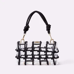 Clear acrylic box handbag with black knotted rope grid design and gold hardware detail.
