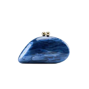 Blue marble acrylic evening clutch bag, elegant pebble shape shoulder purse for wedding.