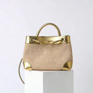 Femmes Paille Tissée Sac Bandoulière Été Plage Casual Poignée Supérieure Sac à Main Bloc de Couleur Sac Tissé Mode Voyage Tote Sac