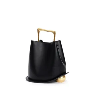 Stylish black bucket bag featuring a gold metal handle and sphere accent for modern women.