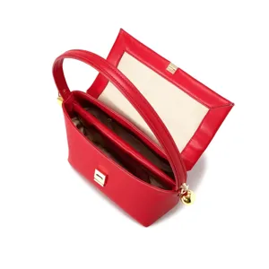 Red leather flap underarm bag, chic shoulder handbag with gold lock and pendant charm for women.