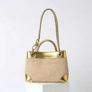 Sac bandoulière tissé en paille pour femme été cabas de plage décontracté détails dorés