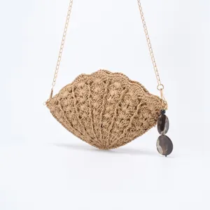 Women Straw Woven Crossbody Bag Fashion Shell Shape Hollow Beach Handbag Summer Seaside Vacation Shoulder Bag
