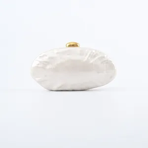 Elegant glossy acrylic evening clutch bag detail, gold-tone clasp, wedding party purse.