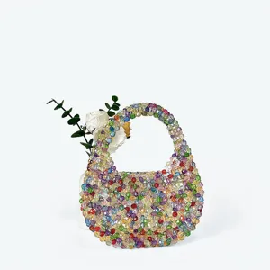 Handmade colorful beaded mini handbag with sparkling crystals, exquisite and stylish style.