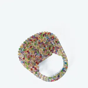 Exquisite handmade colorful crystal beaded mini handbag detail view, sparkling style.