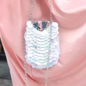 Shiny sequin phone bag with silver chain crossbody strap, trendy sparkling mini pouch.