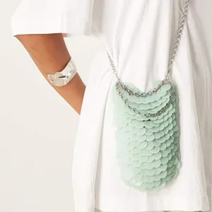 Trendy light green sequin mini crossbody phone bag with stylish silver chain strap accessory.