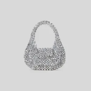 Sparkling silver beaded mini handbag, luxury crystal evening tote bag for women and girls.
