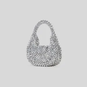 Exquisite handmade beaded mini handbag, sparkling crystal silver tote for women evening party.