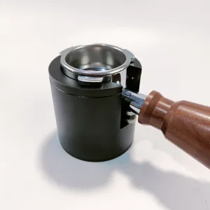 Coffee portafilter holder detail view, showing the premium wood handle and sturdy metal base construction.