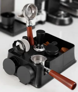 Coffee tamper station organizer set with wooden handle portafilter and accessories detail view.