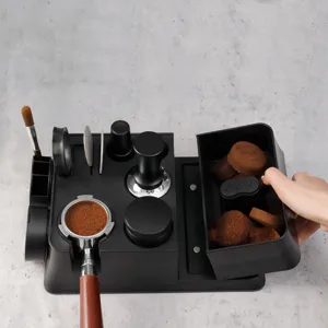 Coffee tamper station and knock box set, multifunctional black ABS espresso tool organizer.