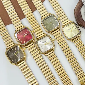 Retro Square Dial Analog Quartz Wrist Watch For Women Alloy Case Stainless Steel Bamboo Joint Mesh Band Elegant Fashion Wristwatch Minimalist Dress Watch
