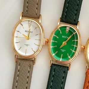 Damen Vintage ovale Quarzhuhr mit Lederarmband kleines Zifferblatt elegante modische Armbanduhr
