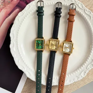 Women vintage small square quartz watch with diamond bezel, green black brown leather strap.