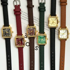 Detailed close-up view of women vintage square quartz watch with elegant rhinestones.