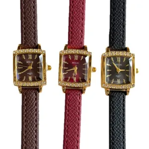 MICAI women's vintage quartz watch with square rhinestone bezel and elegant leather strap.