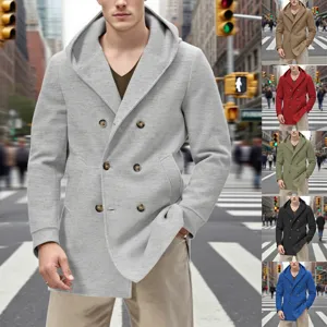 Men's Hooded Double-Breasted Trench Coat Mid-Length Casual Windbreaker Polyester Spandex Composite Fabric Winter Outerwear Top