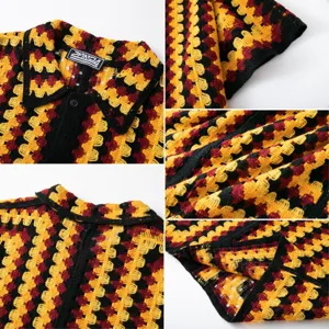 Detailed view of men vintage crochet knit polo shirt showing wave pattern texture and collar.