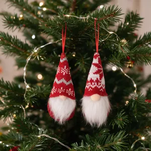 Christmas gnome hanging ornaments pair, red knit hats white beard plush doll decor for tree